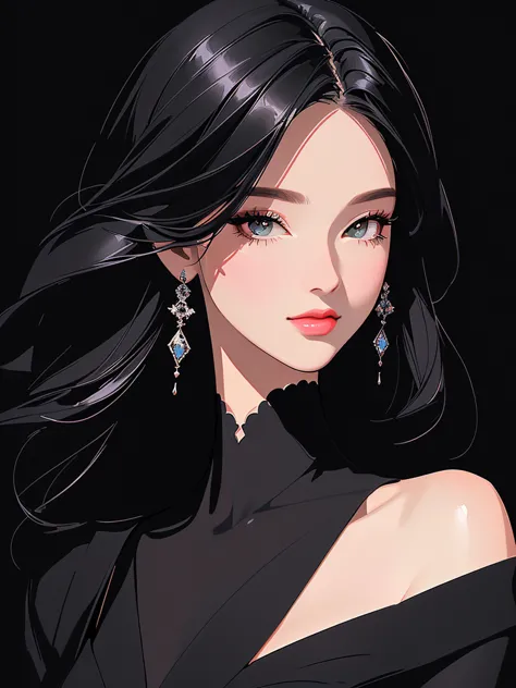 close-up of a woman with a black background and a black, elegant digital art, in the style of digital illustration, elegant digi...