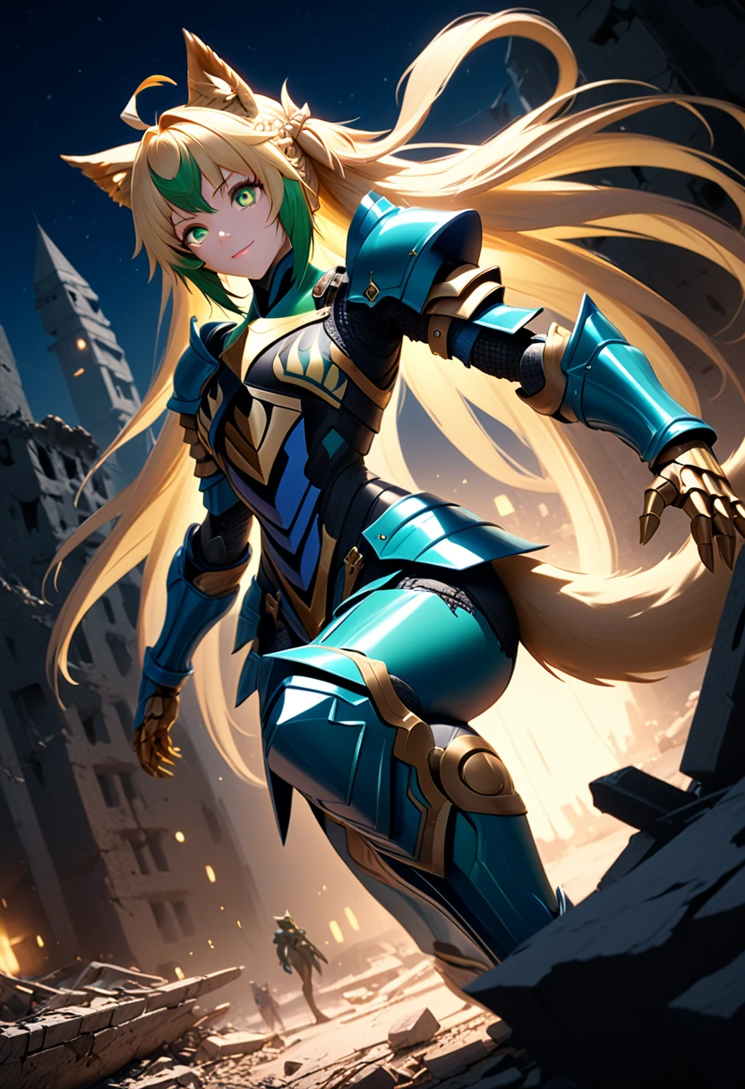 (masterpiece, top quality, best quality, beautiful and aesthetic:1.2), full body, SFW, extremely detailed, detailed eyes, green eyes, detailed hands, cinematic light, depth of field, 1girl, seducing smile, solo, official, (full armored knight:1.4), Atalanta Fate, slim body, blonde cat tail, cinematic lighting, dramatic lighting, dramatic atmosphere, hyper-realistic, high resolution, stunning contrast, high quality, best quality, 8k, 4k, intricately detailed, (amazing details:1.2), highly detailed skin, powerful presence, vibrant colors, (detailed eyes:1.2), striking eyes, (detailed background), (warzone on background, night, ruins), (dynamic angle:1.2), (dynamic pose:1.2)