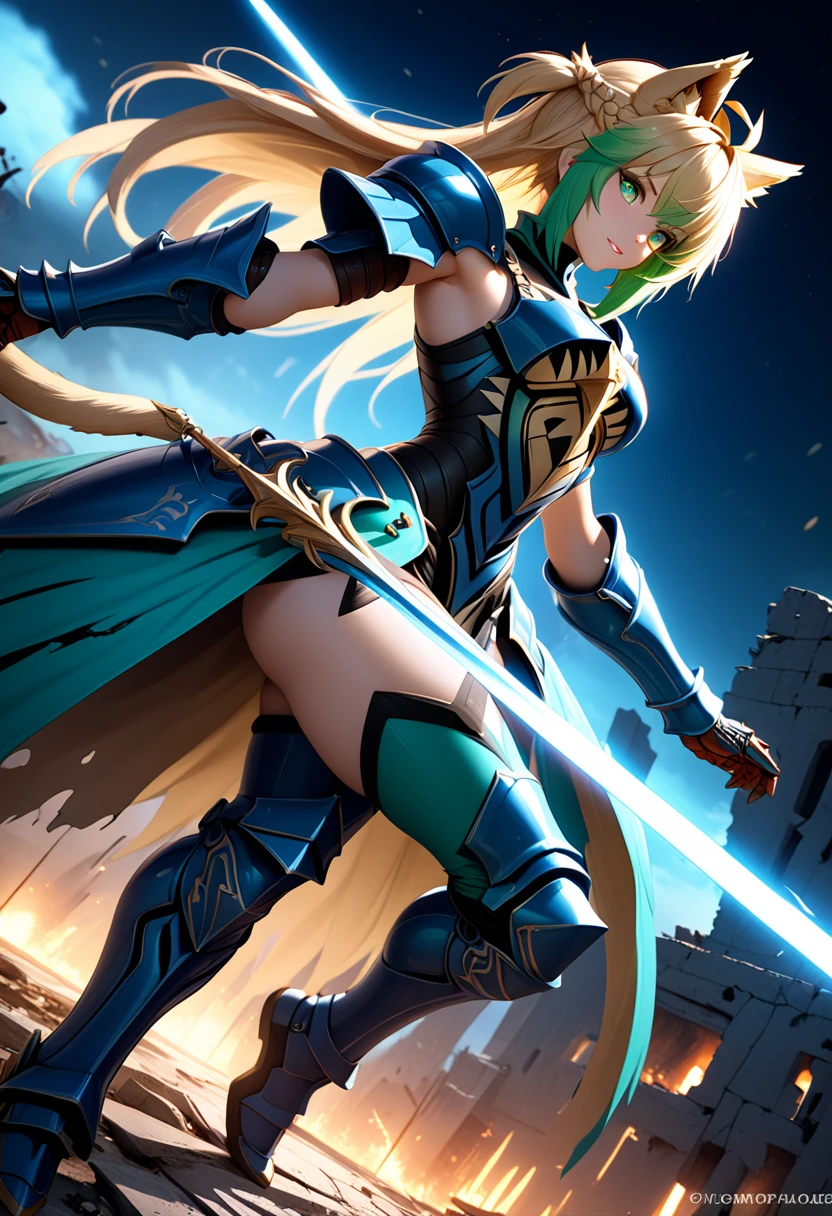 (masterpiece, top quality, best quality, beautiful and aesthetic:1.2), full body, SFW, extremely detailed, detailed eyes, green eyes, detailed hands, cinematic light, depth of field, 1girl, seducing smile, solo, official, (full armored knight:1.4), Atalanta Fate, slim body, blonde cat tail, cinematic lighting, dramatic lighting, dramatic atmosphere, hyper-realistic, high resolution, stunning contrast, high quality, best quality, 8k, 4k, intricately detailed, (amazing details:1.2), highly detailed skin, powerful presence, vibrant colors, (detailed eyes:1.2), striking eyes, (detailed background), (warzone on background, night, ruins), (dynamic angle:1.2), (dynamic pose:1.2)