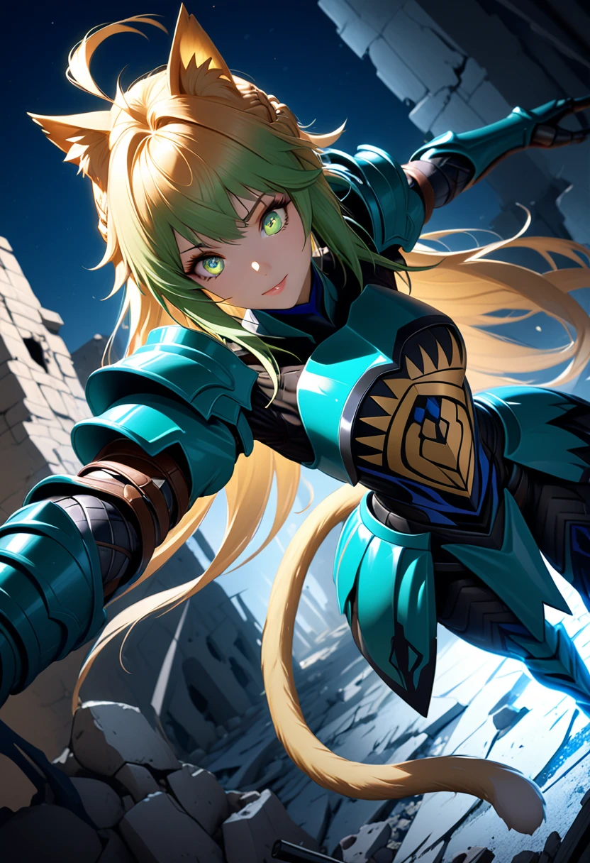 (masterpiece, top quality, best quality, beautiful and aesthetic:1.2), full body, SFW, extremely detailed, detailed eyes, green eyes, detailed hands, cinematic light, depth of field, 1girl, seducing smile, solo, official, (full armored knight:1.4), Atalanta Fate, slim body, blonde cat tail, cinematic lighting, dramatic lighting, dramatic atmosphere, hyper-realistic, high resolution, stunning contrast, high quality, best quality, 8k, 4k, intricately detailed, (amazing details:1.2), highly detailed skin, powerful presence, vibrant colors, (detailed eyes:1.2), striking eyes, (detailed background), (warzone on background, night, ruins), (dynamic angle:1.2), (dynamic pose:1.2)