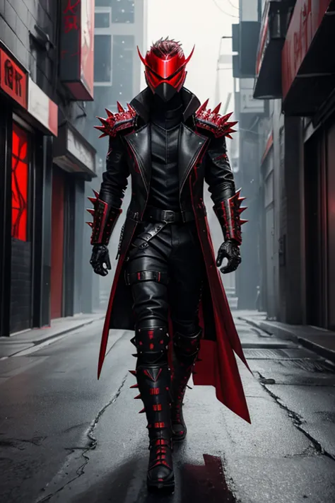 a male cyberpunk character, red spiked helmet, black coat, red armored vest, ninja mask on mouth, leather pants, red steel boots...