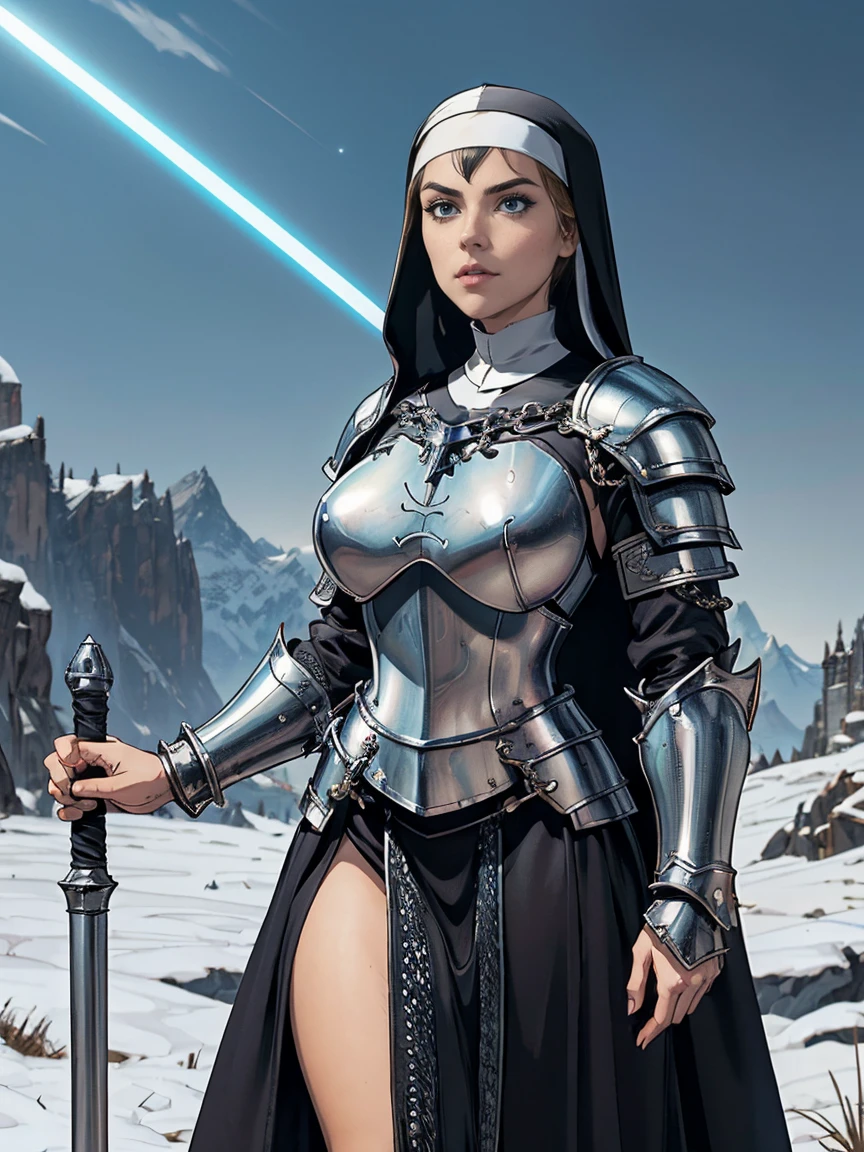 (masterpiece, top quality, best quality, official art, beautiful and aesthetic:1.2), (1girl:1.3), ((Sharp facial features, sharp features, hawkish features)), ((blue eyes)), busty paladin knight girl, extremely detailed, portrait, looking at viewer, solo, (full body:0.6), detailed background, full-body shot, (warm mountain meadow theme:1.1), holy knight, (nun), charlatan, smirk, mysterious, swaying in mountains, armor, polished metal, gold trim, long boots, white fabric, pelvic curtain, robe, pale leather, ((((nun, holy aura, corona, mace, heavy armor, armored, long legs, pelvic curtain, toned, muscular, chainmail)))), slim waist, slim hips, long legs, medieval (mountain exterior:1.1) background, dark mysterious lighting, shadows, magical atmosphere, dutch angle