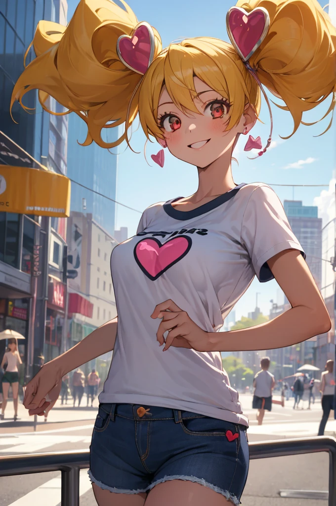 masterpiece, best quality, absurdres, perfect anatomy, 1girl, solo, CurePeach, long hair, blonde hair, earrings, heart hair ornament, t-shirt, denim shorts, city scene, smile, 