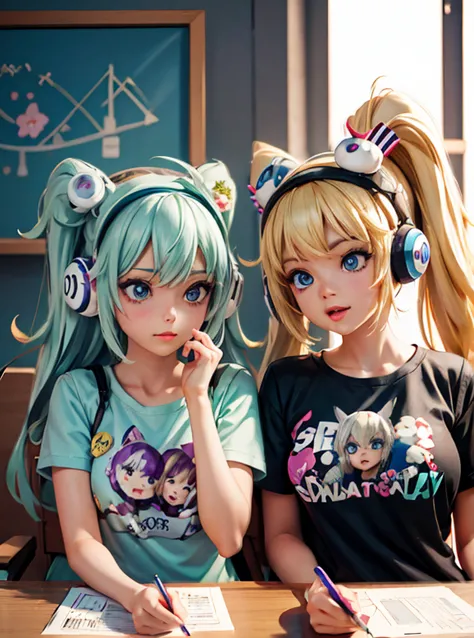 anime, two girls with headphones and a t - shirt that says stay, kantai collection style, anime girls, anime style 4 k, pixiv 3d...