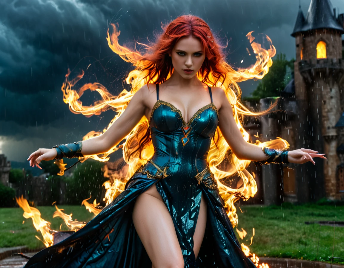 a sorceress of fire making fire dance in a the (storm of rain: 1.3), a most exquisite beautiful sorceress, controlling fire manipulating fire, a woman, dynamic hair color, dynamic hair style, (most beautiful face: 1.3), (ultra detailed face: 1.2), wet hair, wet face, dynamic eyes color, full body shot, wearing dress made of fire, wearing intricate high heels, light make up, dancing in courtyard of a fantasy castle background, ((heavy rain drops: 1.1)), clouds in the sky, (anatomically correct: 1.4), (full body shot: 1.1) , vibrant, Ultra-high resolution, High Contrast, (masterpiece:1.5), highest quality, Best aesthetics), best details, best quality, highres, ultra wide angle, 16k, [ultra detailed], masterpiece, best quality, (extremely detailed),DARK, chumbasket art style