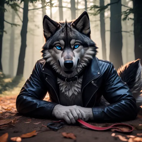 Male, 30 years old, cute, eyeliner, big grin, very happy, black leather jacket, anthro, wolf ears, (black fur:1.5), wolf, forest...