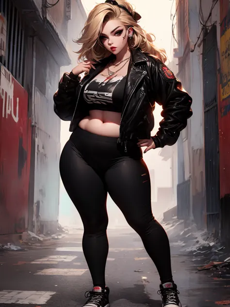 curvy plump , wide blonde streetwear, leggings, leather jacket,punk, black eye liner, necklace, street, ultra detailed