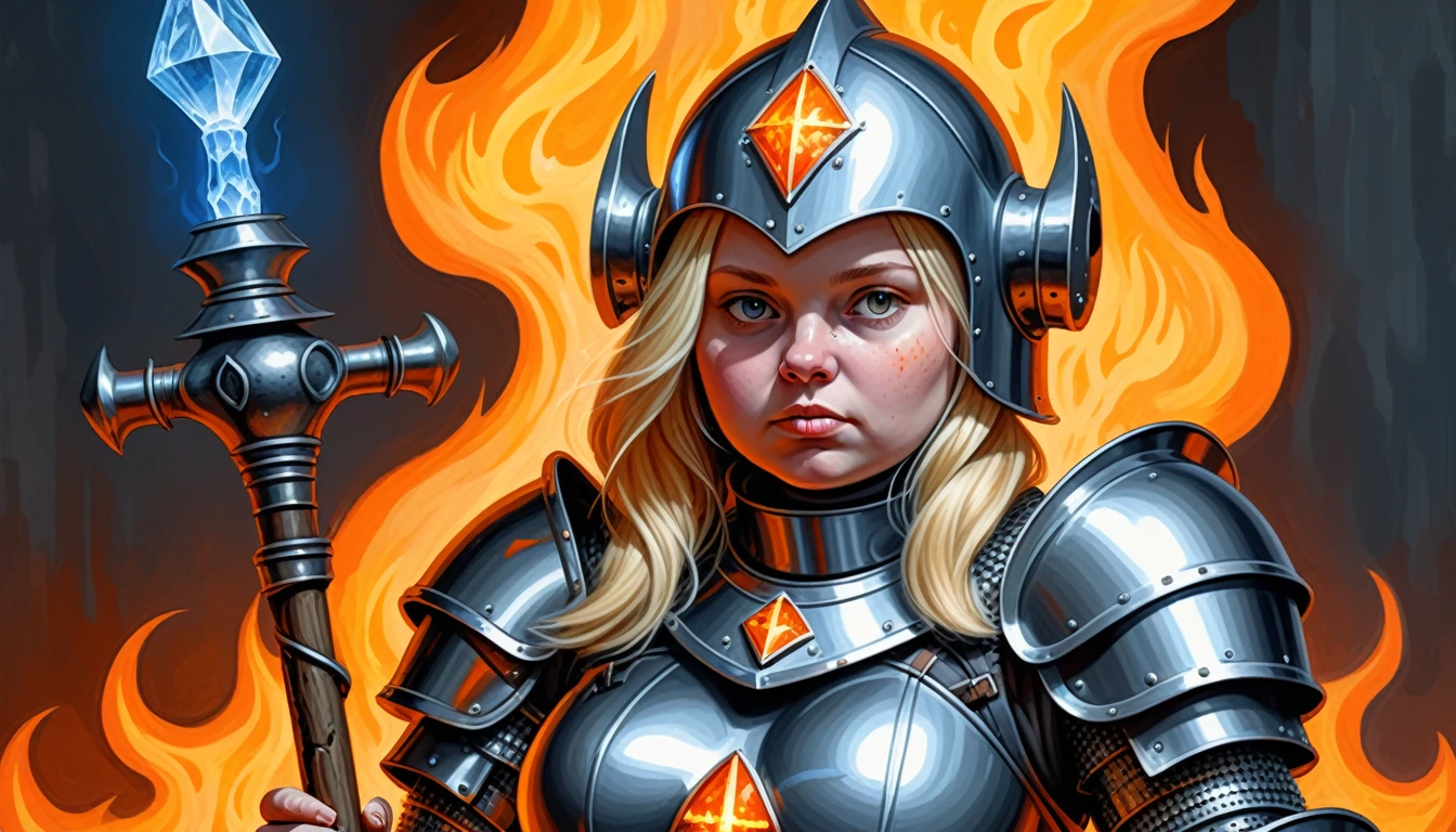 Muy detallado, HD, 32k, Fantasía medieval, Portada de revista de heavy metal, óleo sobre lienzo. una aldeana humana de 2 rubias y rechoncha, ella no es hermosa, su cara es apagada y sencilla, ella está vestida con una armadura de placas brillantes de metal azulado, en la cabeza lleva un casco de metal negruzco con detalles en naranja., y en su mano derecha sostiene un bastón mágico. En la parte superior del bastón hay un cristal mágico que emite llamas.. Detrás de ella está el ejército de su reino., preparado para la batalla