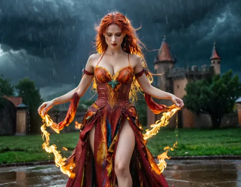 a sorceress of fire making fire dance in a the (storm of rain: 1.3), a most exquisite beautiful sorceress, controlling fire mani...