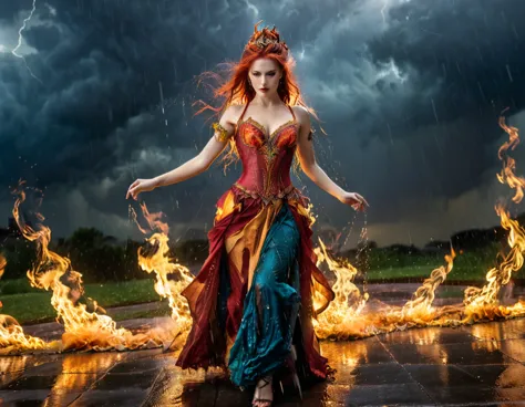 a sorceress of fire making fire dance in a the (storm of rain: 1.3), a most exquisite beautiful sorceress, controlling fire mani...