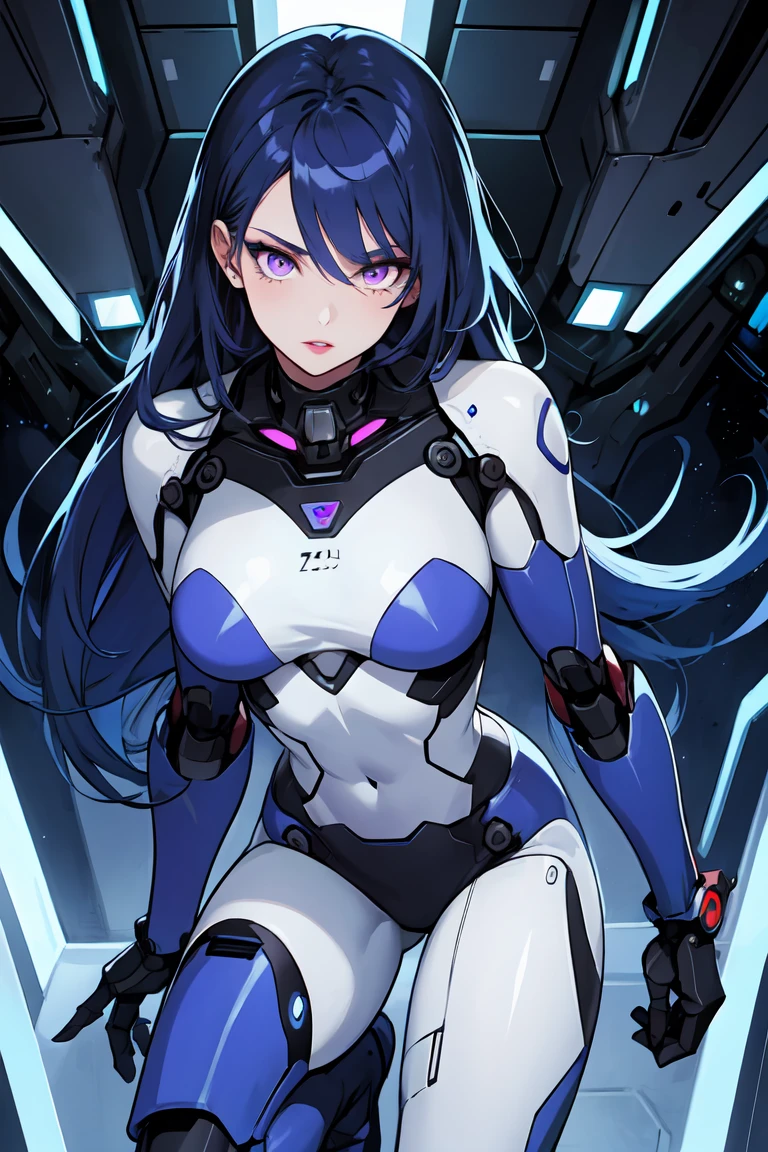 1. Light-skinned robot woman 2. Long spiky navy blue hair/dark 3. lips painted blue and purple 4. Purple eyes 5. Attractive clothing with technological and robotic implants whose predominant colors are Blue and Purple 6. wears dark blue boots 7. He has blue gloves 8. Both his arms and legs are uncovered., that is to say, His combat suit with technology and robotic parts only covers his torso., waist and chest, the elbows, arms and legs are uncovered.