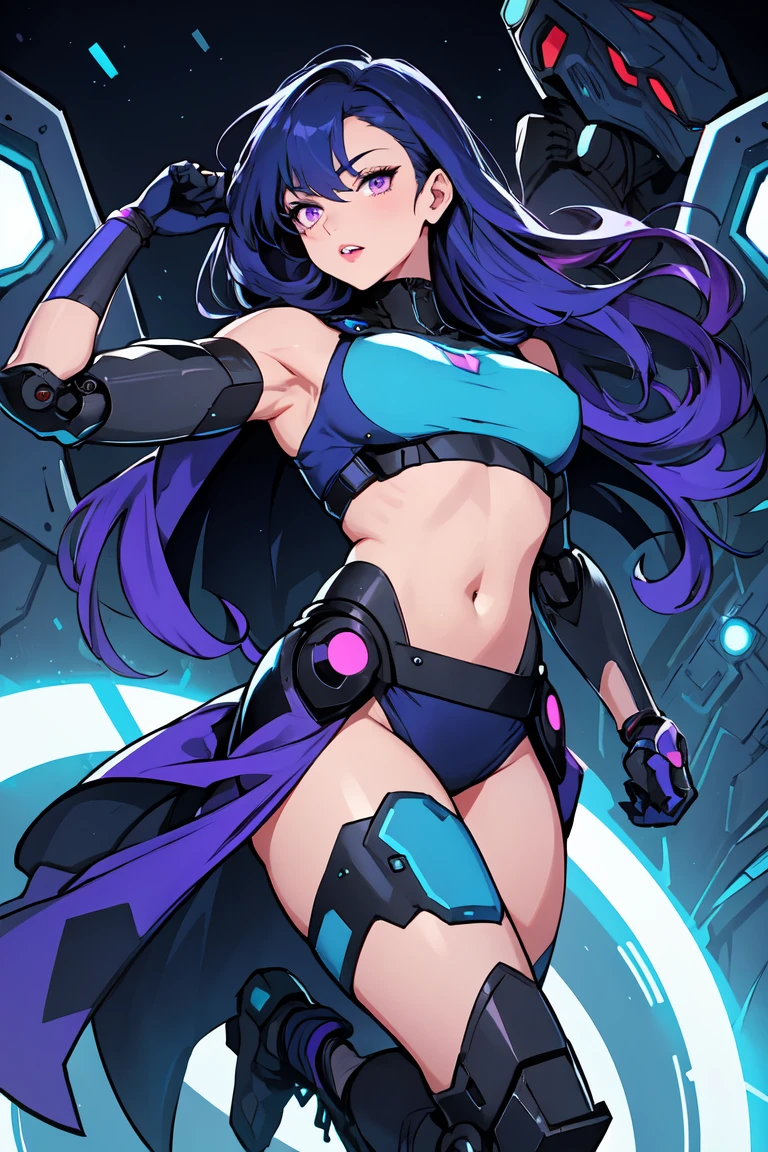 1. Light-skinned robot woman 2. Long spiky navy blue hair/dark 3. lips painted blue and purple 4. Purple eyes 5. Attractive clothing with technological and robotic implants whose predominant colors are Blue and Purple 6. wears dark blue boots 7. He has blue gloves 8. Both his arms and legs are uncovered., that is to say, His combat suit with technology and robotic parts only covers his torso., waist and chest, the elbows, arms and legs are uncovered.