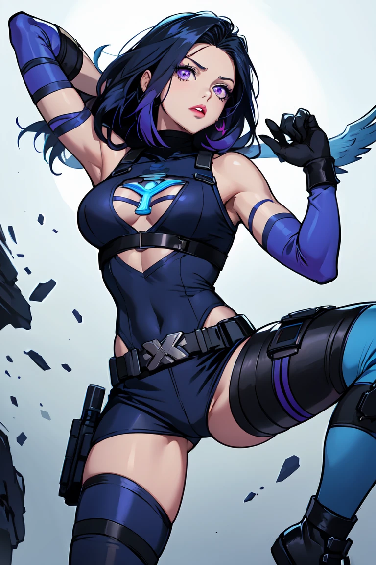 1. Light skinned woman 2. Long spiky navy blue hair/dark 3. lips painted blue and purple 4. Purple eyes 5. Attractive clothing with technological implants whose predominant colors are Blue and Purple (Example Alita from Battle Angel, I will show an example)
6. wears dark blue boots 7. He has blue gloves 8. Both his arms and legs are uncovered., that is to say, his technological combat suit only covers his torso, waist and chest, the elbows, arms and legs are uncovered.
9. Alita Battle Angel combat costume