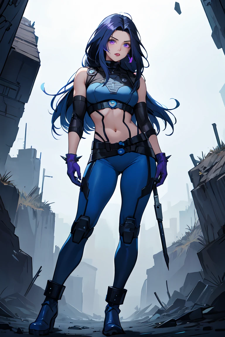 1. Light skinned woman 2. Long spiky navy blue hair/dark 3. lips painted blue and purple 4. Purple eyes 5. Attractive clothing with technological implants whose predominant colors are Blue and Purple (Example Alita from Battle Angel, I will show an example)
6. wears dark blue boots 7. He has blue gloves 8. Both his arms and legs are uncovered., that is to say, his technological combat suit only covers his torso, waist and chest, the elbows, arms and legs are uncovered.
9. Alita Battle Angel combat costume