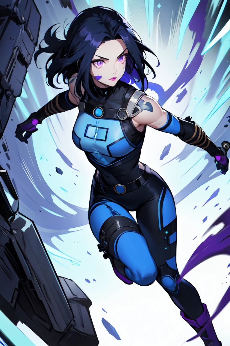 1. Light skinned woman 2. Long spiky navy blue hair/dark 3. lips painted blue and purple 4. Purple eyes 5. Attractive clothing with technological implants whose predominant colors are Blue and Purple (Example Alita from Battle Angel, I will show an example)
6. wears dark blue boots 7. He has blue gloves 8. Both his arms and legs are uncovered., that is to say, his technological combat suit only covers his torso, waist and chest, the elbows, arms and legs are uncovered.
9. Alita Battle Angel combat costume