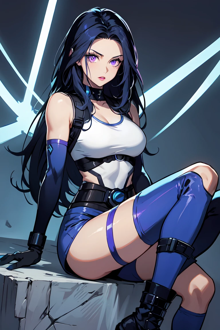 1. Light skinned woman 2. Long spiky navy blue hair/dark 3. lips painted blue and purple 4. Purple eyes 5. Attractive clothing with technological implants whose predominant colors are Blue and Purple (Example Alita from Battle Angel, I will show an example)
6. wears dark blue boots 7. He has blue gloves 8. Both his arms and legs are uncovered., that is to say, his technological combat suit only covers his torso, waist and chest, the elbows, arms and legs are uncovered.
9. Alita Battle Angel combat costume