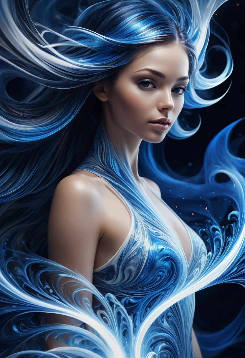 
a close up of a blue and white abstract painting of a flame, emerging from blue fire, symmetrical digital illustration, glowing tiny blue lines, glowing flowing hair, spiritual abstract forms, emanating with blue aura, blue flame, flowing forms, flowing glowing hair, glowing lines, mind-bending digital art, fractal hair, blue swirling dress, iphone wallpaper