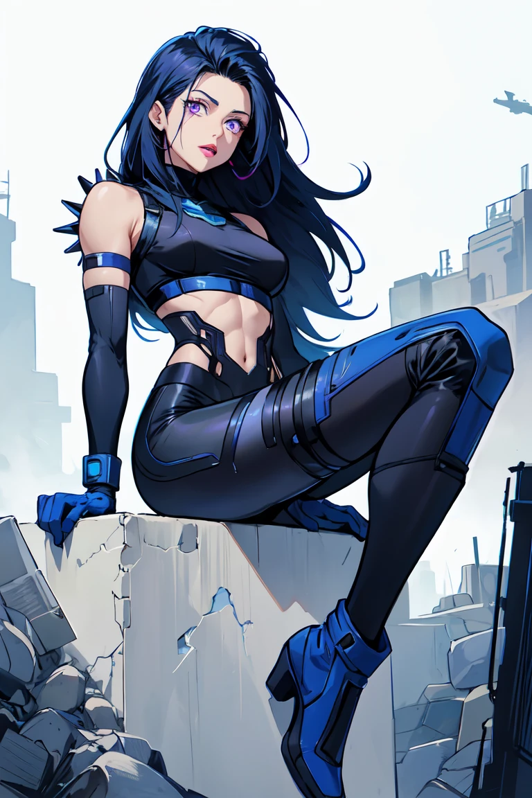 1. Light skinned woman 2. Long spiky navy blue hair/dark 3. lips painted blue and purple 4. Purple eyes 5. Attractive clothing with technological implants whose predominant colors are Blue and Purple (Example Alita from Battle Angel, I will show an example)
6. wears dark blue boots 7. He has blue gloves 8. Both his arms and legs are uncovered., that is to say, his technological combat suit only covers his torso, waist and chest, the elbows, arms and legs are uncovered.
9. Alita Battle Angel combat costume