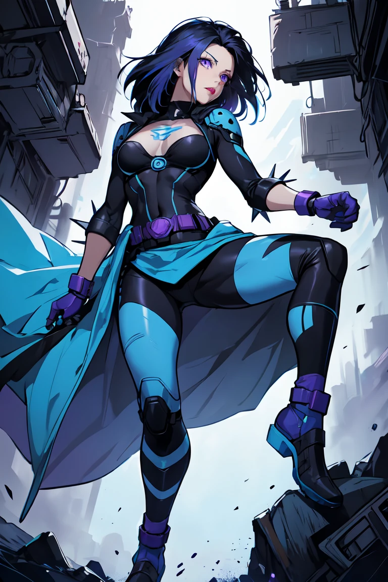 1. Light skinned woman 2. Long spiky navy blue hair/dark 3. lips painted blue and purple 4. Purple eyes 5. Attractive clothing with technological implants whose predominant colors are Blue and Purple (Example Alita from Battle Angel, I will show an example)
6. wears dark blue boots 7. He has blue gloves 8. Both his arms and legs are uncovered., that is to say, his technological combat suit only covers his torso, waist and chest, the elbows, arms and legs are uncovered.
9. Alita Battle Angel combat costume