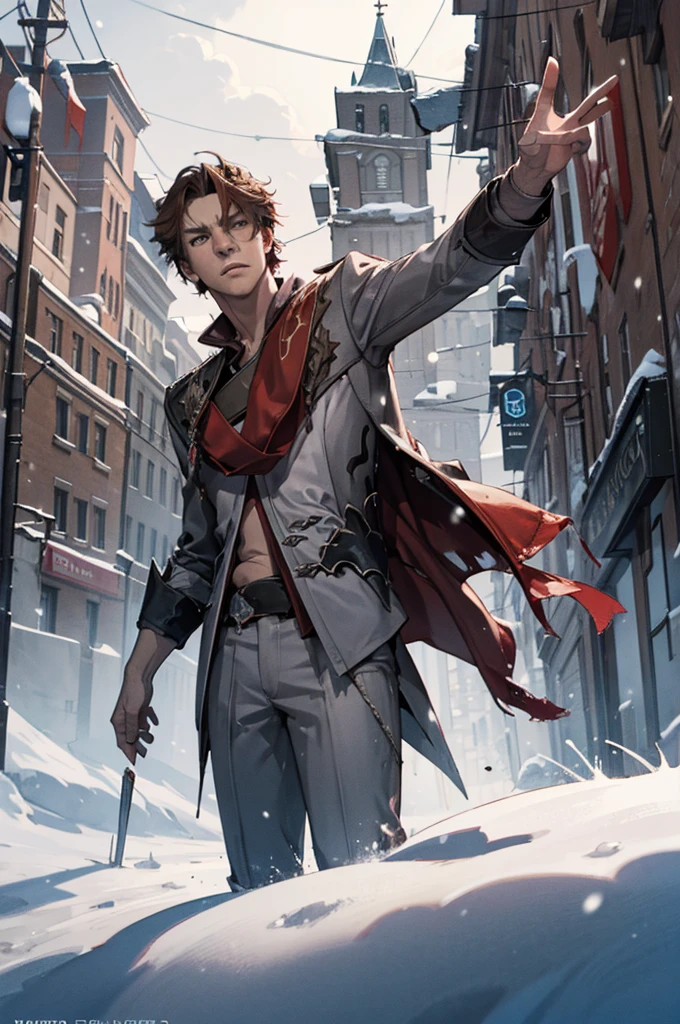 1 male solo, dynamic pose, cinematic shot, orande hair, red mask on side of the head, grey jacket, red scarf, cinematic shot, epic movie poster style, dramatic light, snowy weather, russian old city,