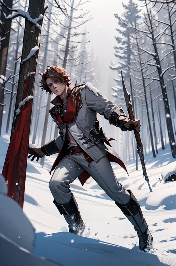 1 male solo, dynamic pose, cinematic shot, orande hair, red mask on side of the head, grey jacket, red scarf, cinematic shot, epic movie poster style, dramatic light, snowy landscape, russian snowy forest