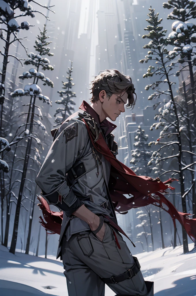 1 male solo, dynamic pose, cinematic shot, orande hair, red mask on side of the head, grey jacket, red scarf, cinematic shot, epic movie poster style, dramatic light, snowy landscape, russian snowy forest