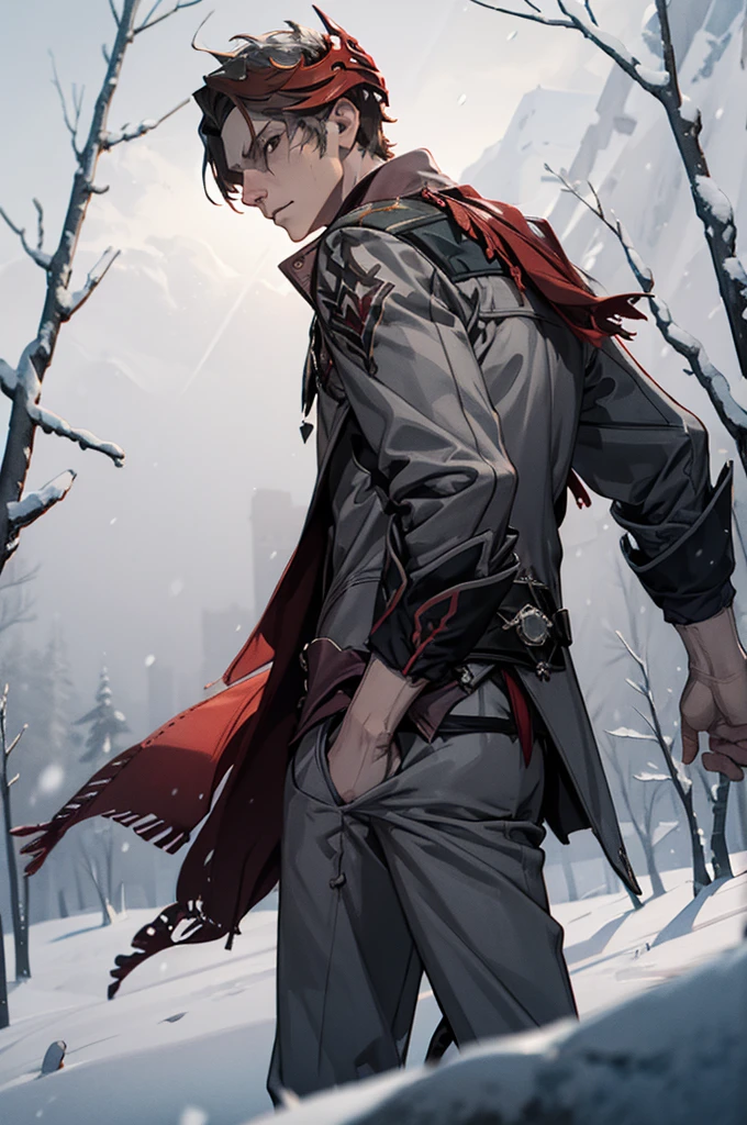 1 male solo, dynamic pose, cinematic shot, orande hair, red mask on side of the head, grey jacket, red scarf, cinematic shot, dramatic light, snowy landscape, russian snowy forest