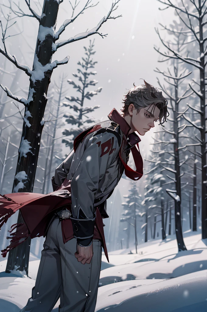 1 male solo, dynamic pose, cinematic shot, orande hair, red mask on side of the head, grey jacket, red scarf, cinematic shot, dramatic light, snowy landscape, russian snowy forest