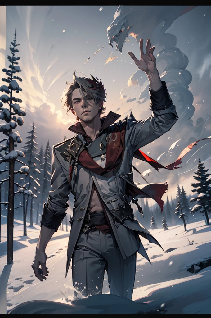 1 male solo, dynamic pose, cinematic shot, orande hair, red mask on side of the head, grey jacket, red scarf, cinematic shot, dramatic light, snowy landscape, russian snowy forest