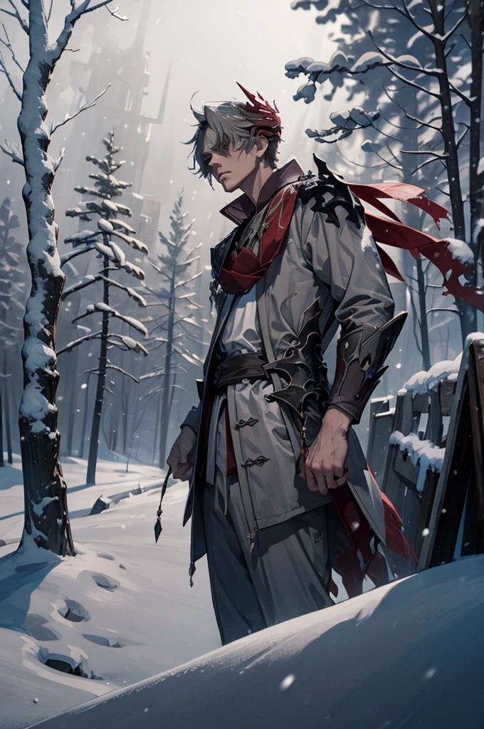 1 male solo, dynamic pose, cinematic shot, orande hair, red mask on side of the head, grey jacket, red scarf, cinematic shot, dramatic light, snowy landscape, russian snowy forest