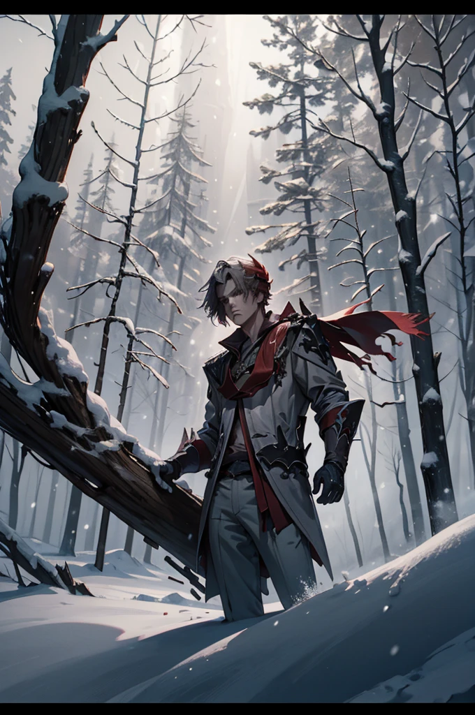 1 male solo, dynamic pose, cinematic shot, orande hair, red mask on side of the head, grey jacket, red scarf, cinematic shot, dramatic light, snowy landscape, russian snowy forest