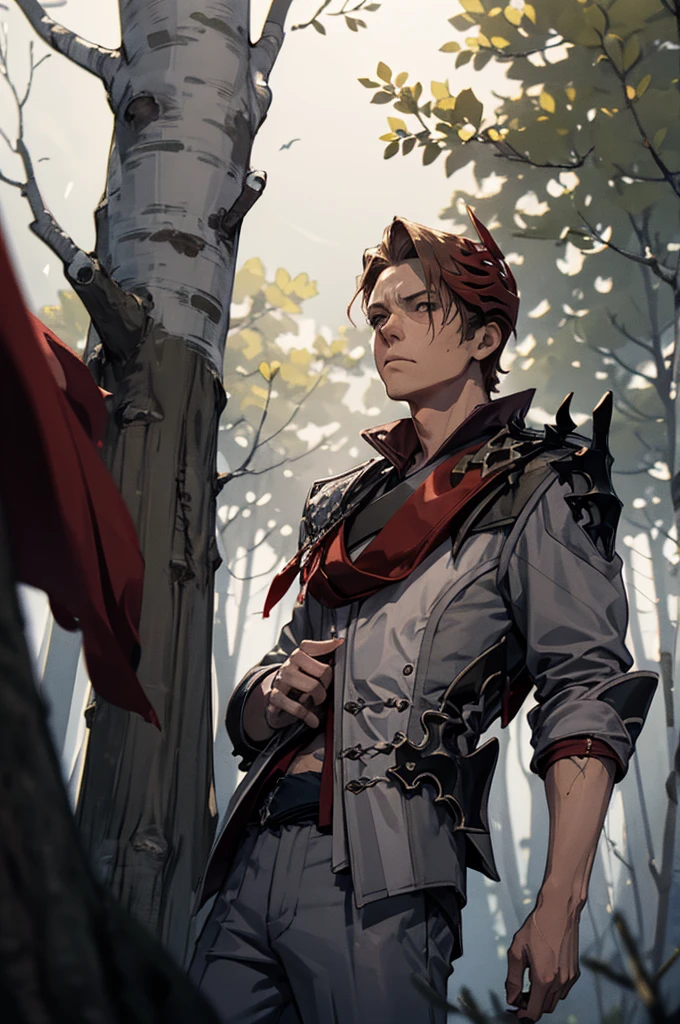 1 male solo, dynamic pose, cinematic shot, orande hair, red mask on side of the head, grey jacket, red scarf, cinematic shot, dramatic light, birch tree forest