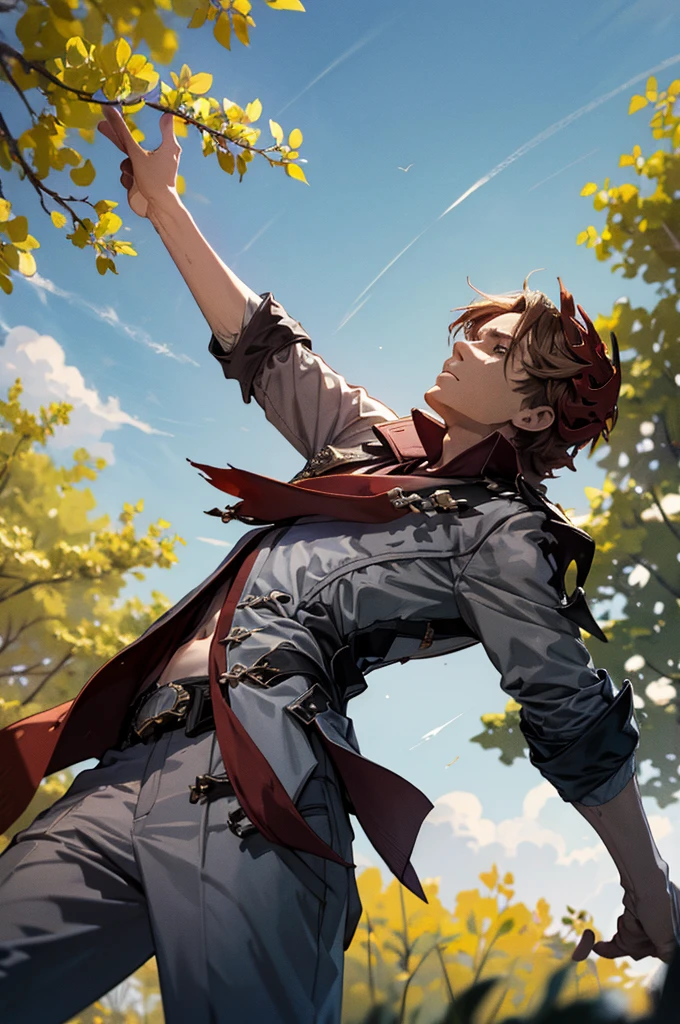 1 male solo, dynamic pose, cinematic shot, orande hair, red mask on side of the head, grey jacket, red scarf, cinematic shot, dramatic light, birch tree forest, summer light, warm weather, blue sky, white clouds