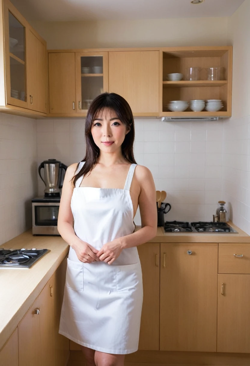 Around 40 Japanese housewife、Naked Apron、kitchen、Turn around、ボブカット、後ろ姿