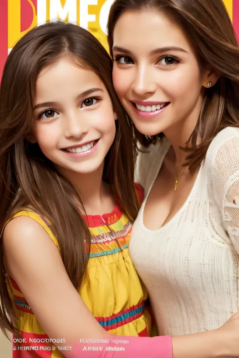 A mother and tween daughter brown hair brown eyes on a magazine cover, vibrant colors, high-resolution, realistic portrayal, fas...