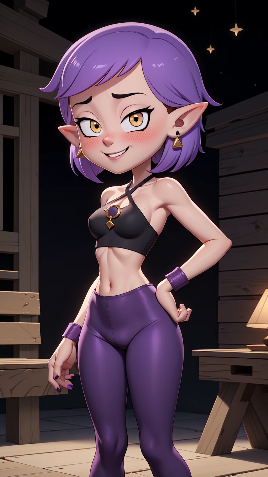 (masterpice, best quality), AmityBlight, short height, young, makeup, black earrings, yellow eyes, short hair, (purple hair:1.4), pointed ears, (((halter top))), small breasts, amulet, (tight leggings), standing, looking at viewer, seductive smile, naughty face, nose blush