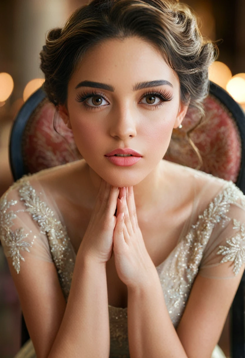 a girl sitting on a chair, beautiful detailed eyes, beautiful detailed lips, extremely detailed face and features, long eyelashes, intricate hairstyle, delicate hands, elegant dress, serene expression, natural light, warm color palette, cinematic lighting, highly detailed, photorealistic, masterpiece, 8k, intricate details, hyper realism, beautiful background