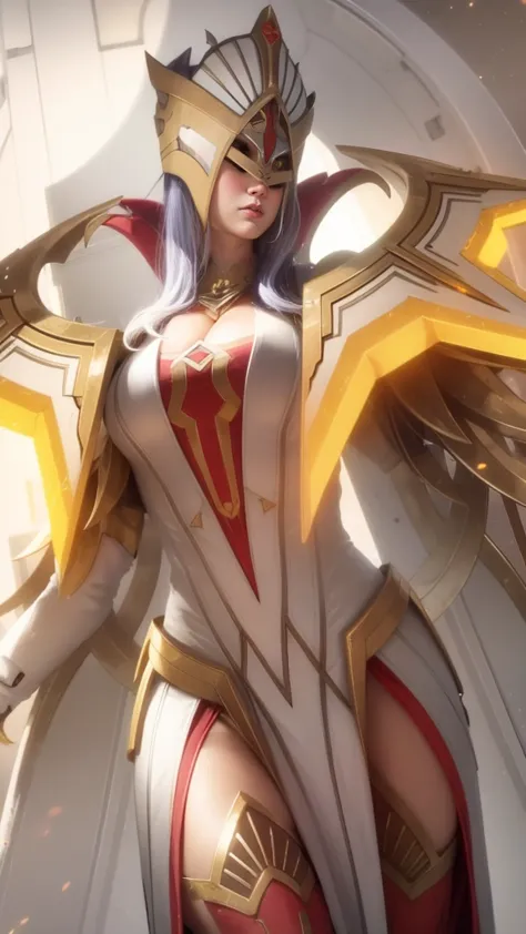  The image features a female character with blue hair, a red and gold armor, and a pair of wings.