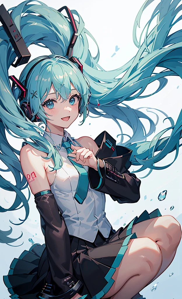 Une fille, seul, femme , chef-d&#39;œuvre, Beautiful HanDs, Hatsune Miku, chemise blanche, (jupe noire:1.3), Cravate bleue, Bare shoulDers, Manches amovibles, 
casser
:D, heureux, sourire, Visualisez vos spectateurs, ✌️,(opposition:1.5), s&#39;accroupir,
casser
stage lights,