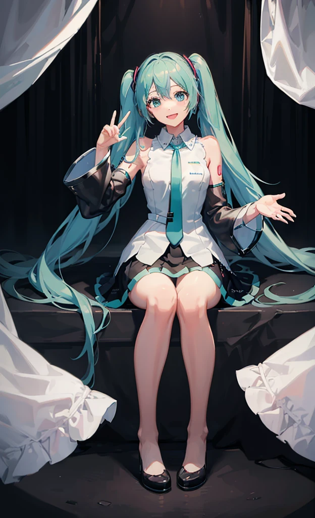 One girl, alone, woman , masterpiece, Beautiful Hands, hatsune miku, White shirt, (Black Skirt:1.3), Blue tie, Bare shoulders, Removable sleeves, 
break
:d, Happy, smile, View your viewers, ✌️,(Opposition:1.5), squat,
break
stage lights,