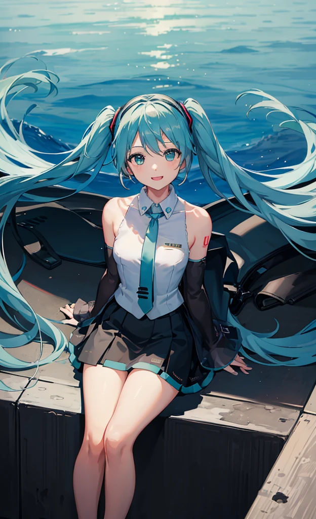 Ein Mädchen, allein, Frau , Meisterwerk, Beautiful HanDs, hatsune miku, weißes Hemd, (schwarzer Rock:1.3), Blaue Krawatte, Bare shoulDers, Abnehmbare Ärmel, 
brechen
:D, Glücklich, lächeln, Betrachten Sie Ihre Zuschauer, ✌️,(Opposition:1.5), Hocken,
brechen
stage lights,