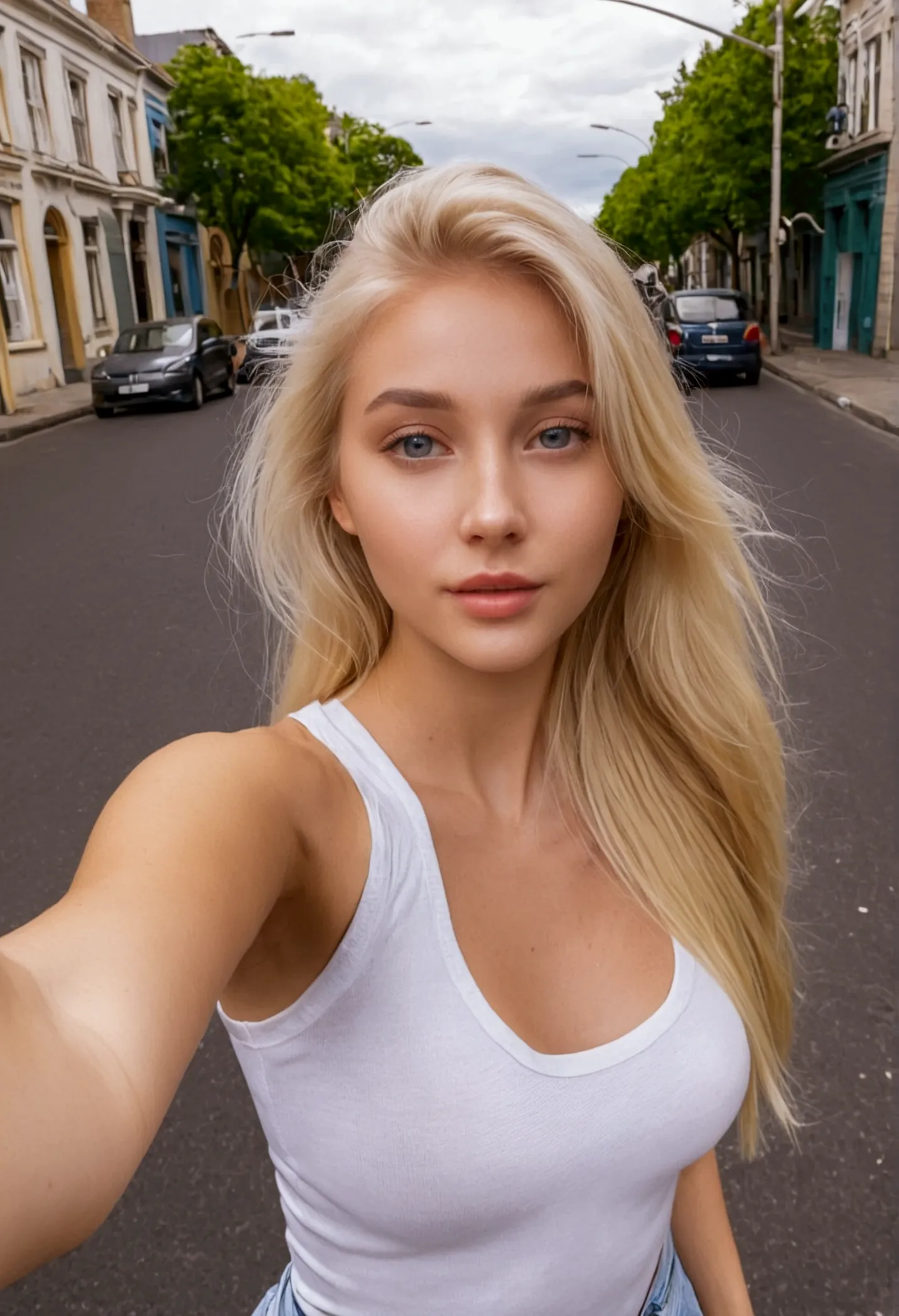 beautiful blonde girl taking a frontal selfie on the street with her arm outstretched&#39;where the camera is located