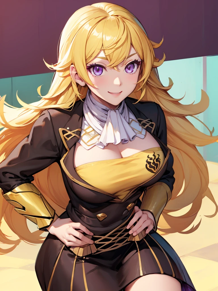 (Masterpiece), (super detailed), blonde hair, long hair, purple eyes, smile, large breasts, (cleavage), garreg mach uniform, yang xiao long