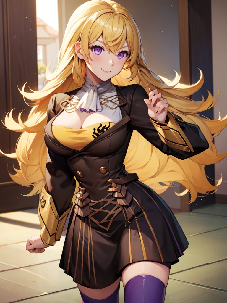 (Masterpiece), (super detailed), blonde hair, long hair, purple eyes, smile, large breasts, (cleavage), garreg mach uniform, yang xiao long