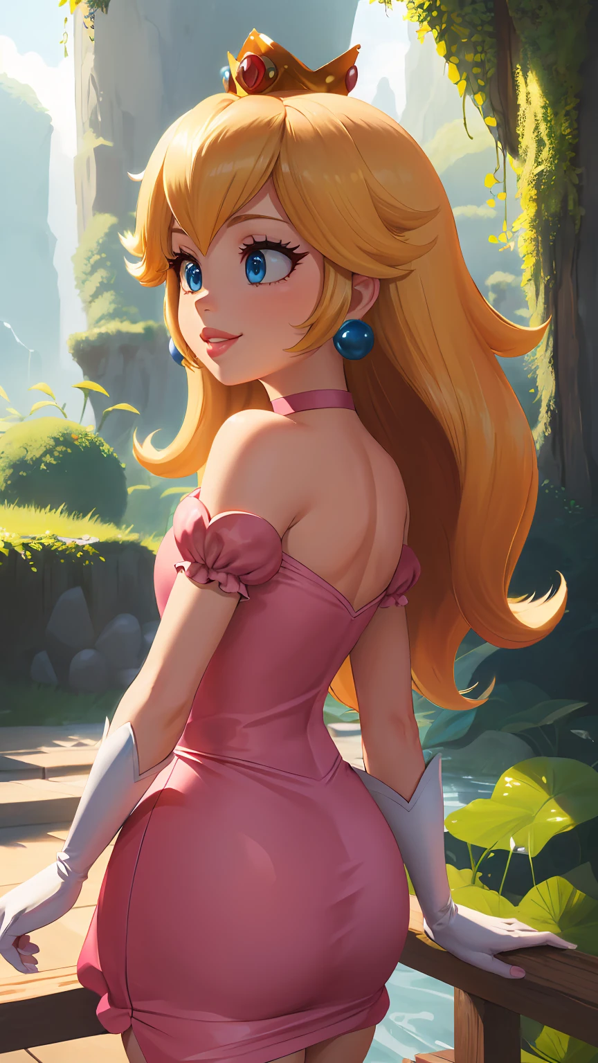 highres, masterpiece, perfect ligthing, bloom, cinematic lighting, adult, perfect skin, female, from side, cowboy shot, smile, narrow waist, skinny,  (PrincessPeach), (Princess Peach), (Pink Dress), detailled eyes, blue eyes, choker, sensual, mushrooms,mushroom kingdom, pink lips, ((glossy lips)), pursed lips, pink pumps, glossy skin, oily skin, beautiful light, (day:1.3), bright,