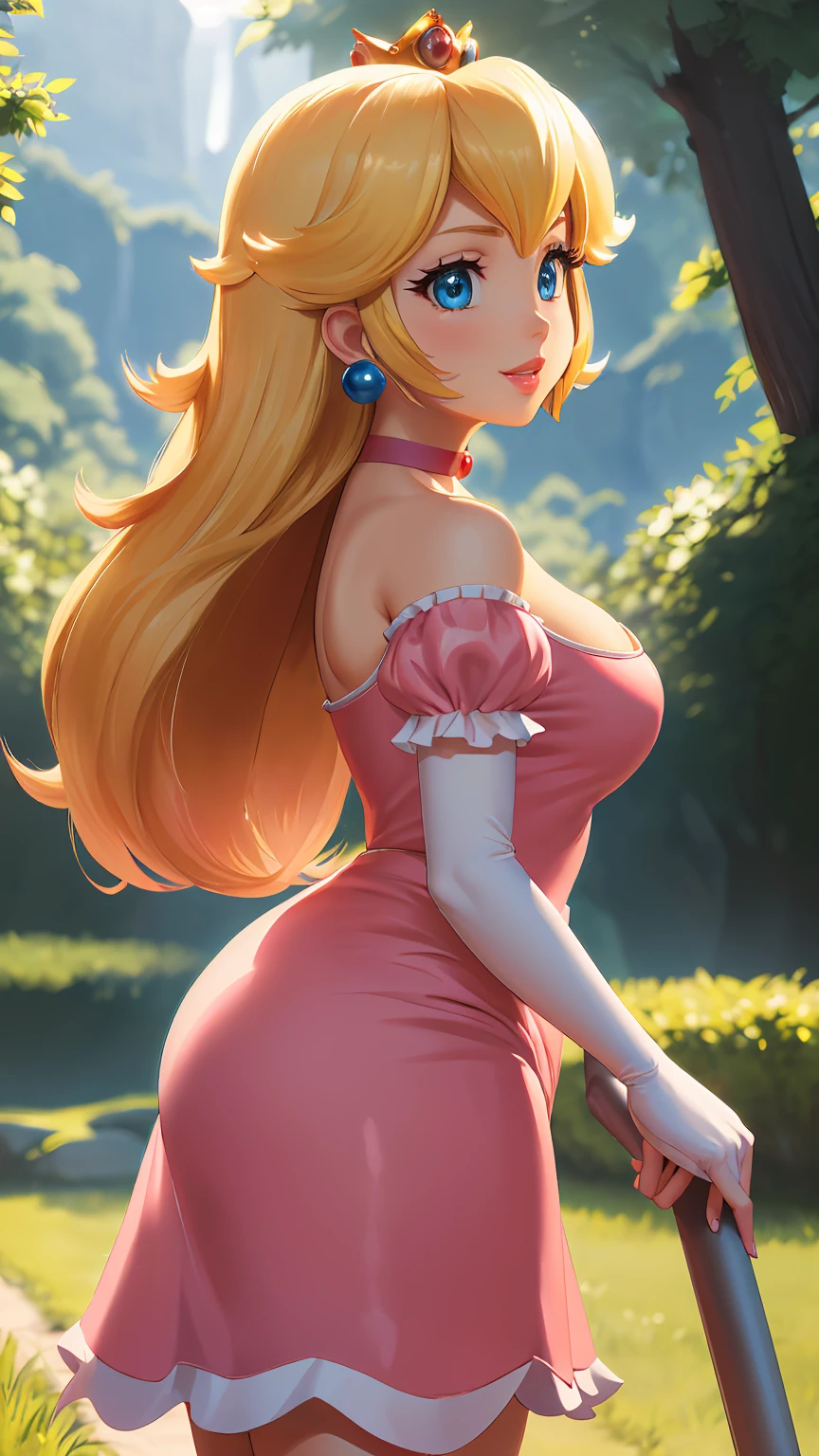 highres, masterpiece, perfect ligthing, bloom, cinematic lighting, adult, perfect skin, female, from side, cowboy shot, smile, narrow waist, skinny,  (PrincessPeach), (Princess Peach), (Pink Dress), detailled eyes, blue eyes, choker, sensual, mushrooms,mushroom kingdom, pink lips, ((glossy lips)), pursed lips, pink pumps, glossy skin, oily skin, beautiful light, (day:1.3), bright,