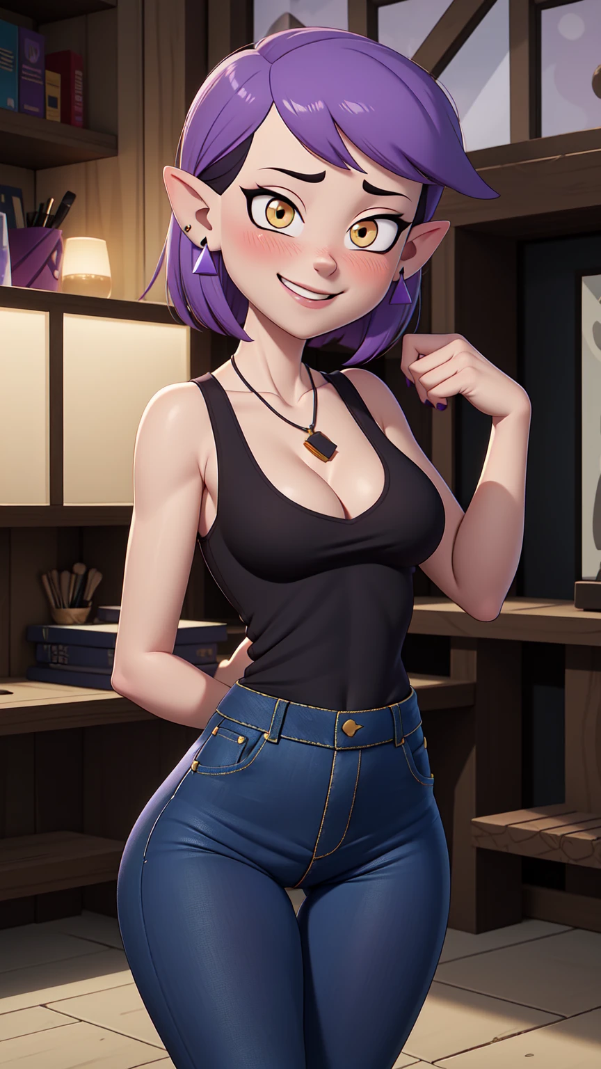 (masterpice, best quality), AmityBlight, short height, young, makeup, black earrings, yellow eyes, short hair, (purple hair:1.4), pointed ears, (((tank top))), small breasts, (((cleavage))),amulet, (((tight jeans))) , standing, looking at viewer, seductive smile, naughty face, nose blush