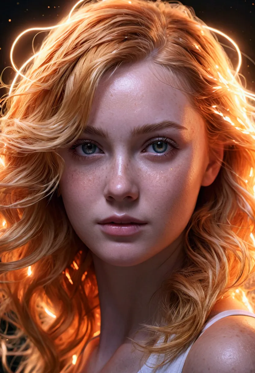 A girl made of lines of light, density of lines, flaming orange blonde hair_messy thick waves, lines of light, gem_particles, li...