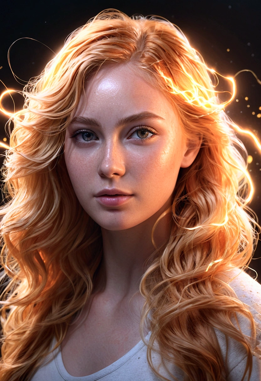 A girl made of lines of light, density of lines, flaming orange blonde hair_messy thick waves, lines of light, gem_particles, light_lines, light, light particles, (best quality,4k,8k,highres,masterpiece:1.2),ultra-detailed,(realistic,photorealistic,photo-realistic:1.37),HDR,UHD,studio lighting,ultra-fine painting,sharp focus,physically-based rendering,extreme detail description,professional,vivid colors,bokeh,conceptart