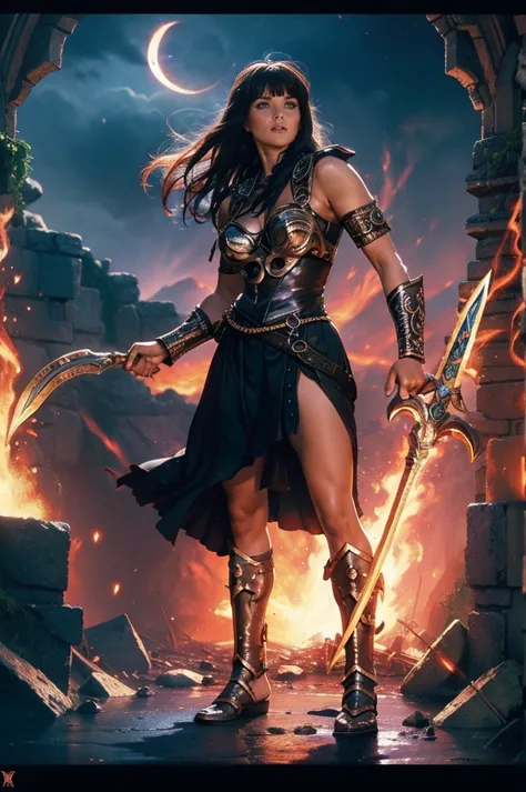 ((Full body photo,standing, feet on the ground)) xena warrior princess,warrior,goddess,strong,brave,beautiful,determined,leather...